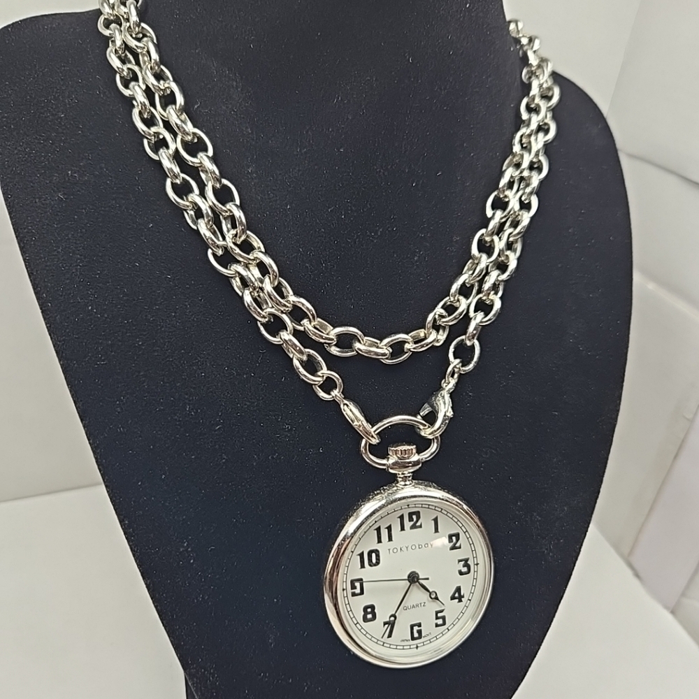 TOKYObay Pocket Watch Silver Tone New Battery Jeans Pants Suit Chain Necklace - Picture 3 of 12
